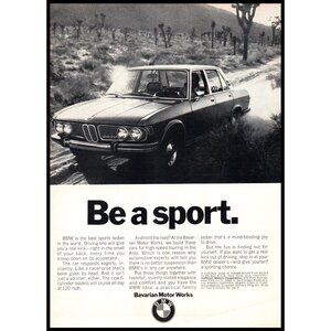 1970 BMW 2800 Sports Sedan Vintage Print Ad Desert Dirt Road Cactus Wall Art